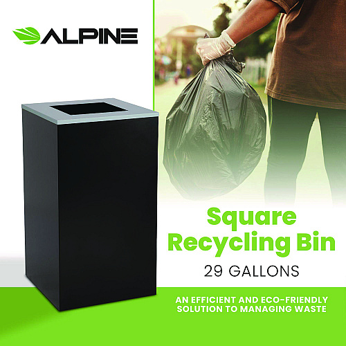 Alpine 29 Gallon Trash/Recycling Cans, Steel, Black Can with Square Lid (4450KITBLKS)