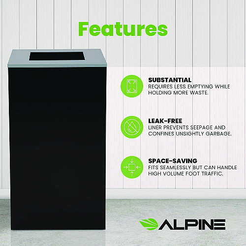 Alpine 29 Gallon Trash/Recycling Cans, Steel, Black Can with Square Lid (4450KITBLKS)