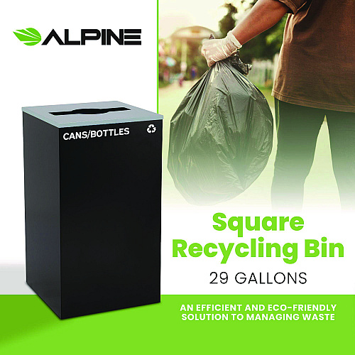Alpine 29 Gallon Trash/Recycling Cans, Steel, Black Cans/Bottles Recycling Can with Mixed Lid (4450KITBLKMC)
