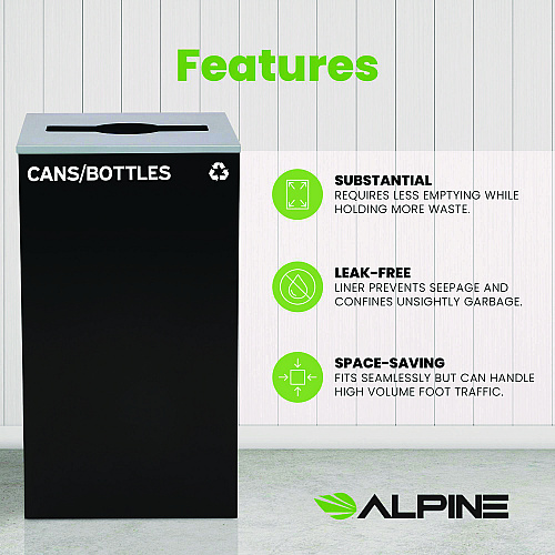 Alpine 29 Gallon Trash/Recycling Cans, Steel, Black Cans/Bottles Recycling Can with Mixed Lid (4450KITBLKMC)