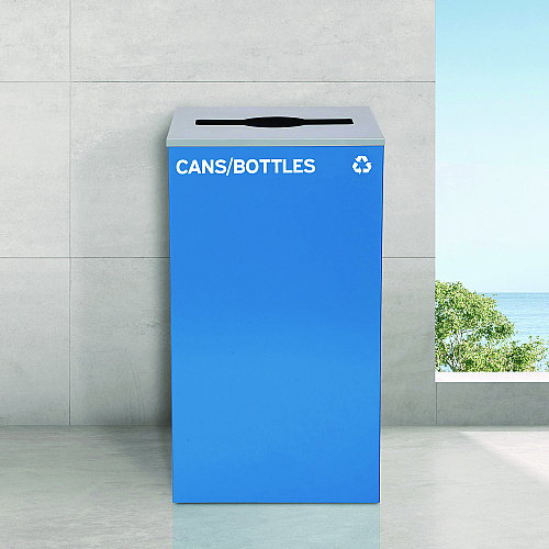 Alpine 29 Gallon Trash/Recycling Cans, Steel, Blue Cans/Bottles Recycling and Green Compost Can w/Mixed Lid, Black Trash Can Sq Lid (4450BLKKIT29)