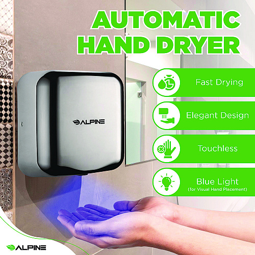 Alpine Hemlock Commercial Automatic 120V Hand Dryer, 6.68 x 11.41 x 12.31, Stainless Steel, Chrome (ALP40010CHR)