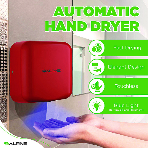 Alpine Hemlock Commercial Automatic 120V Hand Dryer, 6.68 x 11.41 x 12.31, Stainless Steel, Red (ALP40010RED)