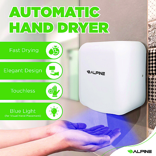 Alpine Hemlock Commercial Automatic 120V Hand Dryer, 6.68 x 11.41 x 12.31, Stainless Steel, White (ALP40010WHI)