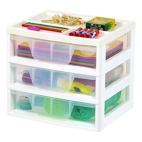 Iris 3-Drawer Desktop Storage, Plastic, 14.6 x 12.31 x 12.75, White/Clear (301161)