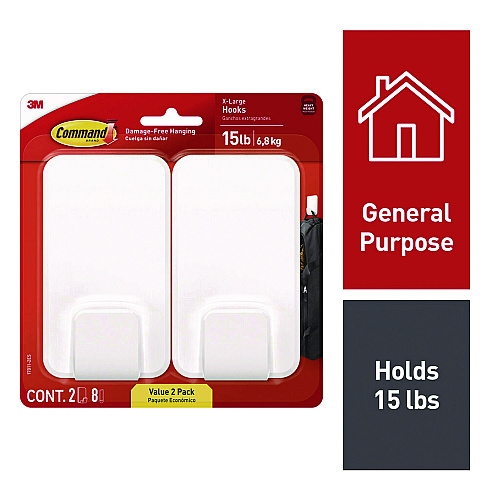 Command X-large Utility Hooks, Plastic, White, 15 lb Capacity, 2 Hooks and 8 Strips/Pack (170112ES)