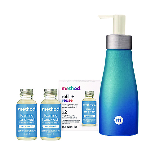 Method Refill + Reuse Foaming Hand Soap Refill Kit, Sea Minerals, (2) 1 oz Refill Bottles, 10 oz Dispenser Bottle (356001)