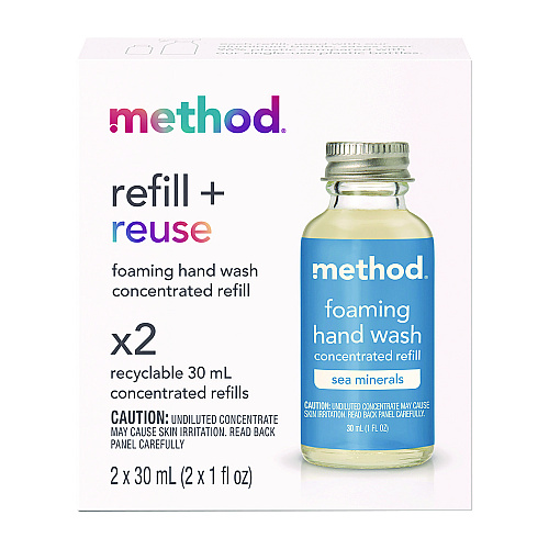 Method Refill + Reuse Foaming Hand Soap Refill, Sea Minerals, 1 oz Refill Bottle, 2/Pack (356009)