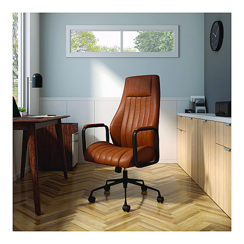 Union & Scale Industria 3-50L Ergonomic Bonded Leather Swivel Manager Chair, Supports Up to 275 lbs, 16.81" to 20.55" Seat Height, Brown (UN61642CC)