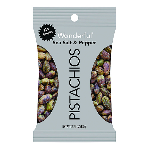 Wonderful No Shells Sea Salt and Pepper Pistachios, 2.25 oz Pack, 8/Box (PAR70144)