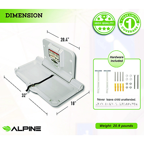 Alpine Compact Horizontal Baby Changing Station, 32 x 18, White (ALP411E)