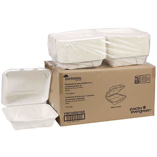 Pactiv EarthChoice PFAS Free Compostable Hinged Lid Container, 9 x 9 x 3, White, Sugarcane, 150/Carton (YMCH0901BB)