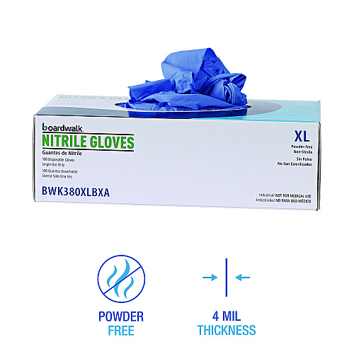 Boardwalk&reg; Disposable Nitrile Gloves, X-Large, Blue, 4 mil, 100/Box (BWK380XLBXA)