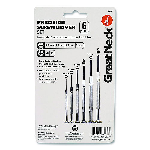 Great Neck Precision Screwdriver Set, Six-Piece, Phillips/Slotted, Assorted Lengths, Polished Steel Handles (GP6C)