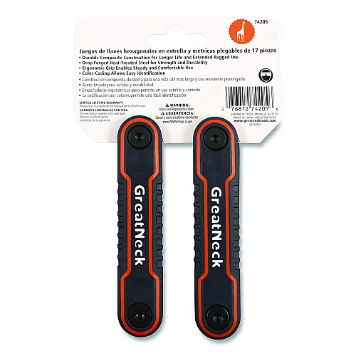 Great Neck Hex Key Fold-Up Tool Set, Two-Piece, Metric/SAE, Black-Oxide/Blue (SAE), Black-Oxide/Red (Metric) (74205)