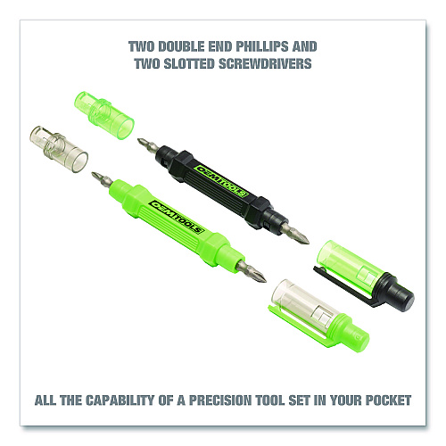 OEMTOOLS 6-Way Pen-Style Screw/Nut Driver, Phillips/Slotted Bits, Metric Sockets, 5.38" Long, Black/Green, Green/Clear, 4/Pack (22537)