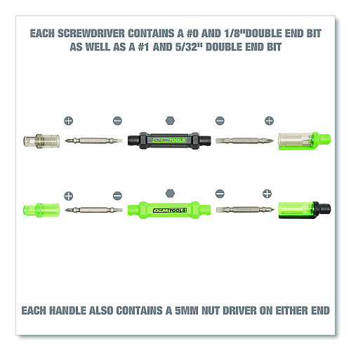 OEMTOOLS 6-Way Pen-Style Screw/Nut Driver, Phillips/Slotted Bits, Metric Sockets, 5.38" Long, Black/Green, Green/Clear, 4/Pack (22537)