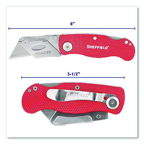 Sheffield Quick Change Lock Back Utility Knife, 1.25" Blade, 3.5" Aluminum Handle, Red (12614)