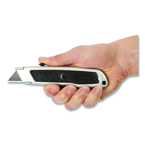 Sheffield Retractable Utility Knife, 1.25" Blade, 3.5" Plastic Handle, Black/Gray (12243)