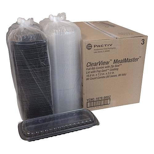 Pactiv MealMaster Rib Container Base/Lid, 16.6 x 7.3 x 2.3, Black/Clear Plastic, 80/Carton (YCNC167000DZ)