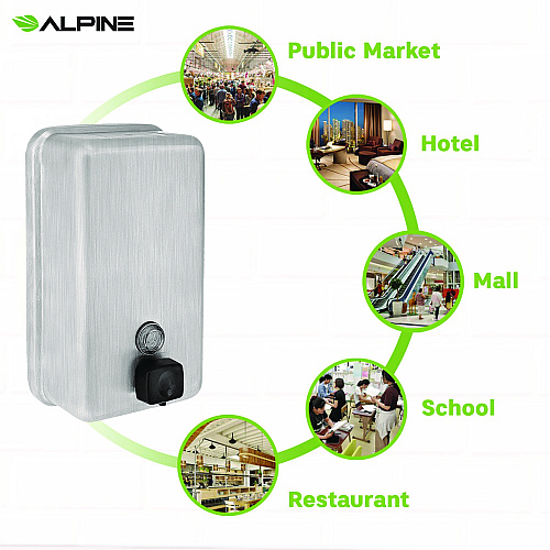 Alpine Vertical Manual Surface-Mounted Stainless Steel Liquid Soap Dispenser, 40 oz, 2.8 x 4.8 x 8.1, Brushed Stainless Steel (ALP423SSB)