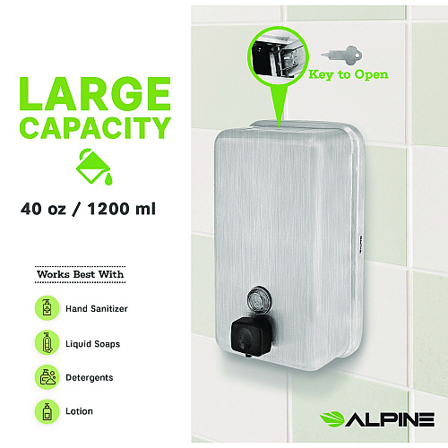 Alpine Vertical Manual Surface-Mounted Stainless Steel Liquid Soap Dispenser, 40 oz, 2.8 x 4.8 x 8.1, Brushed Stainless Steel (ALP423SSB)