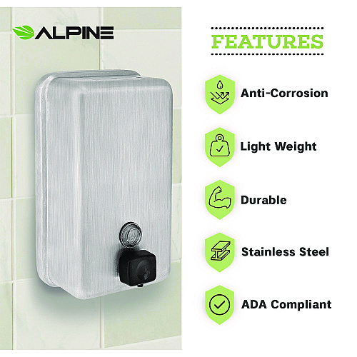 Alpine Vertical Manual Surface-Mounted Stainless Steel Liquid Soap Dispenser, 40 oz, 2.8 x 4.8 x 8.1, Brushed Stainless Steel (ALP423SSB)