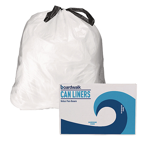 Boardwalk&reg; Drawstring Kitchen Bags, 13 Gallon, White, 24" x 28", 100 Bags (BWK1DK100)