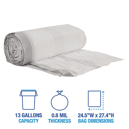 Boardwalk&reg; Drawstring Kitchen Bags, 13 Gallon, White, 24" x 28", 100 Bags (BWK1DK100)