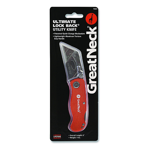 Great Neck Quick Change Lock Back Utility Knife, 3.5" Aluminum Handle, Orange (74201)