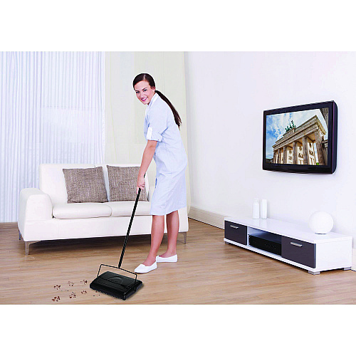 Alpine Manual Triple Brush Carpet and Floor Sweeper, 42.5" Handle, Black (ALP469BLKNEW)
