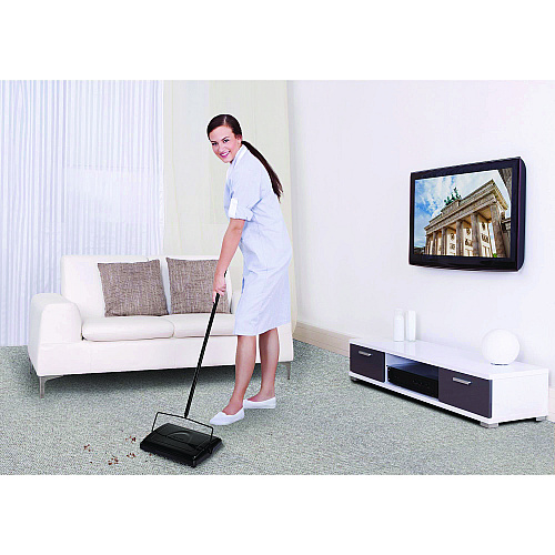 Alpine Manual Triple Brush Carpet and Floor Sweeper, 42.5" Handle, Black (ALP469BLKNEW)