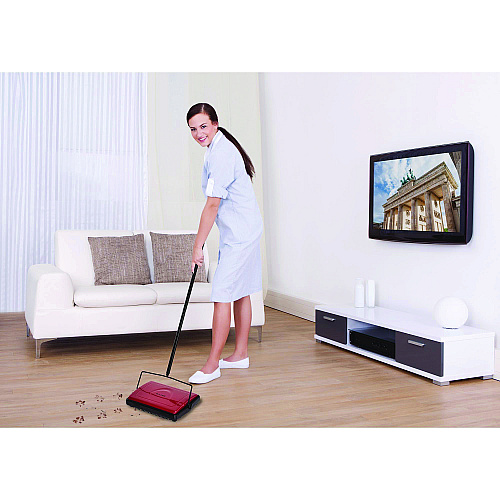 Alpine Manual Triple Brush Carpet and Floor Sweeper, 42.5" Handle, Red (ALP469REDNEW)