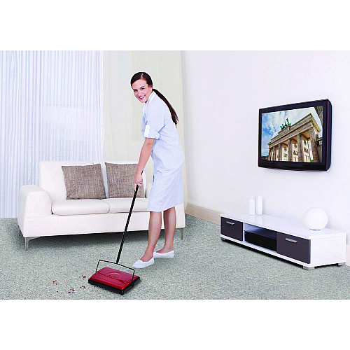 Alpine Manual Triple Brush Carpet and Floor Sweeper, 42.5" Handle, Red (ALP469REDNEW)
