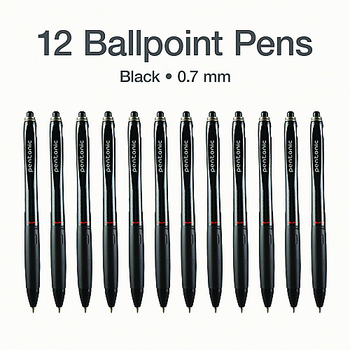 TOPS PENTONIC Retractable Ballpoint Pen, Fine 0.7 mm, Black Ink, Black Barrel, 12/Pack (12120)