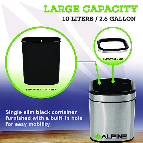 Alpine Stainless Steel Rectangular Liner Open Top Trash Can, 2.6 gal, Brushed Stainless Steel (ALP47010L)
