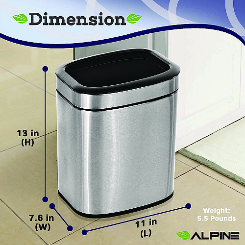 Alpine Stainless Steel Rectangular Liner Open Top Trash Can, 2.6 gal, Brushed Stainless Steel (ALP47010L)
