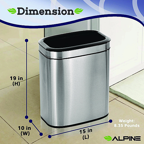 Alpine Stainless Steel Rectangular Liner Open Top Trash Can, 5.3 gal, Brushed Stainless Steel (ALP47020L)