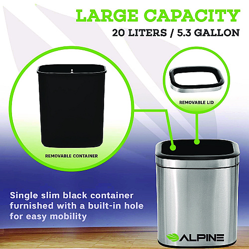 Alpine Stainless Steel Rectangular Liner Open Top Trash Can, 5.3 gal, Brushed Stainless Steel (ALP47020L)