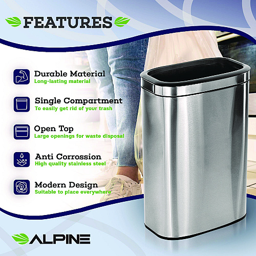 Alpine Stainless Steel Rectangular Liner Open Top Trash Can, 10.5 gal, Brushed Stainless Steel (ALP47040L)