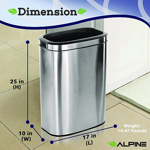 Alpine Stainless Steel Rectangular Liner Open Top Trash Can, 10.5 gal, Brushed Stainless Steel (ALP47040L)