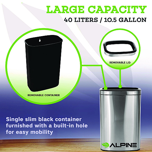 Alpine Stainless Steel Rectangular Liner Open Top Trash Can, 10.5 gal, Brushed Stainless Steel (ALP47040L)