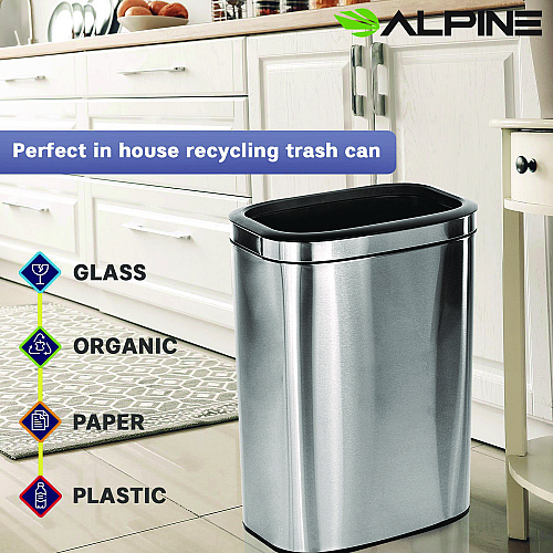 Alpine Stainless Steel Rectangular Liner Open Top Trash Can, 10.5 gal, Brushed Stainless Steel (ALP47040L)