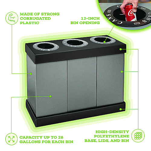 Alpine 28 Gal. Indoor Trash Cans and Recycling Bins, Corrugated Polypropylene, Gray, 3 Bin (ALP47103BLK)