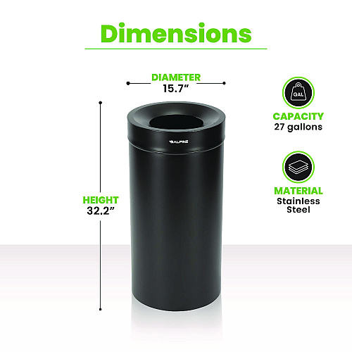 Alpine 27 Gallon Stainless Steel Commercial Indoor Trash Can, Black (ALP47527BLK)