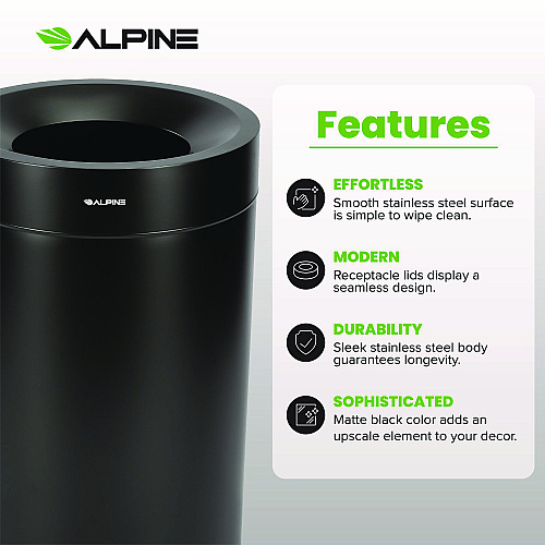 Alpine 27 Gallon Stainless Steel Commercial Indoor Trash Can, Black (ALP47527BLK)