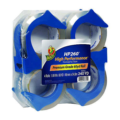 Duck HP260 Packaging Tape with Dispenser, 3" Core, 1.88" x 60 yds, Clear, 4/Pack (0007725)