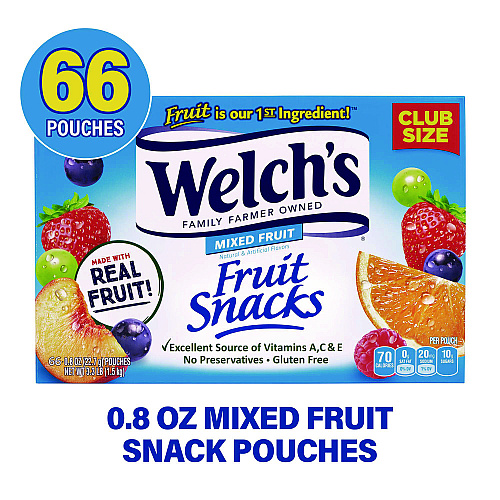 Welch's Fruit Snacks, Mixed Fruit, 0.8 oz Pouch, 66 Pouches/Box (20900320)