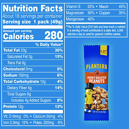 Planters Honey Roasted Peanuts, 1.75 oz Tube, 18/Box (20900625)