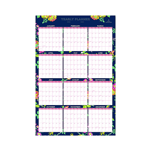 Blue Sky Day Designer Peyton Laminated Erasable Wall Calendar, Floral Artwork, 36 x 24, White/Navy Sheets, 12-Month (Jan to Dec): 2026 (103632)